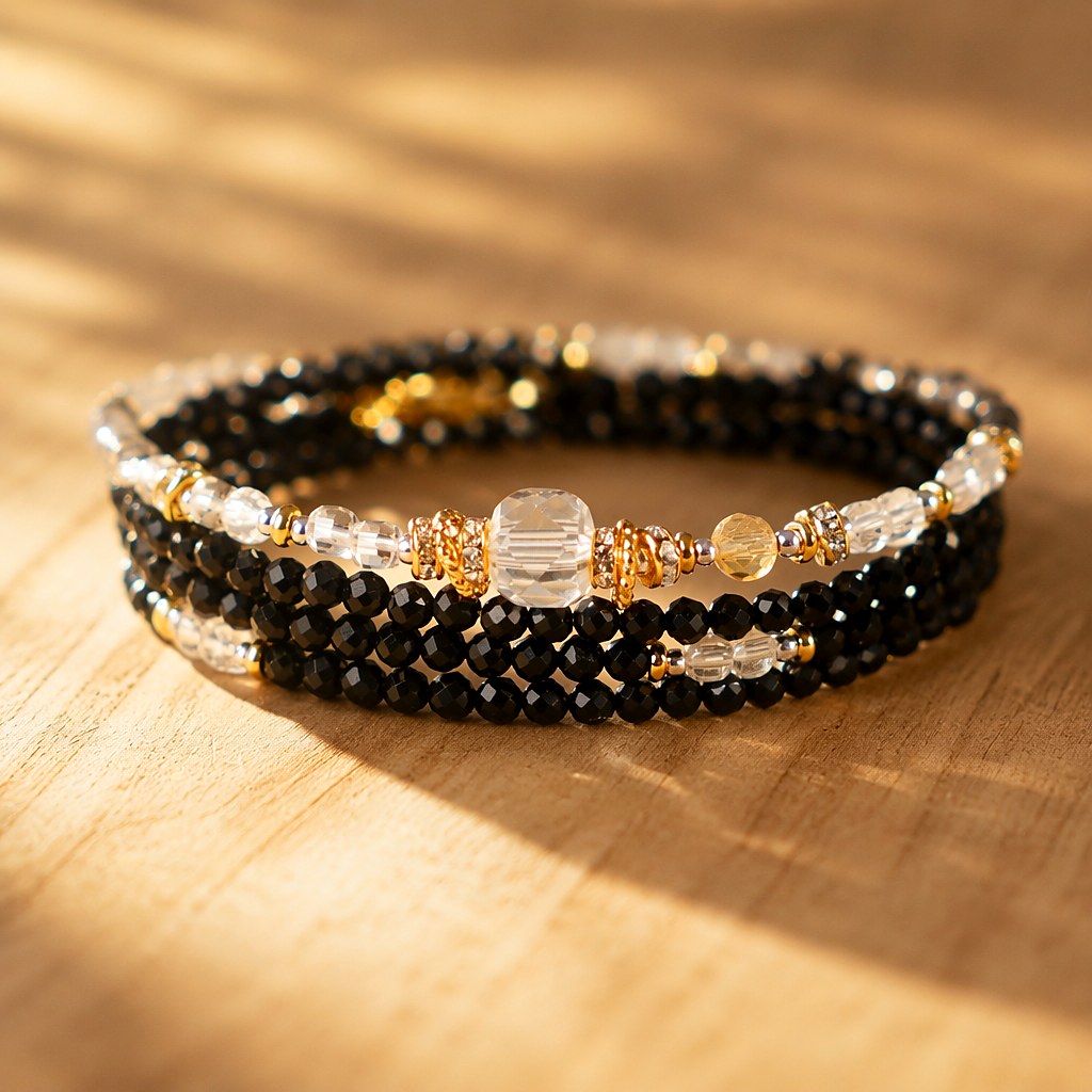 Scorpio zodiac triple-wrap bracelet in faceted black tourmaline with a 7mm clear quartz statement bead, citrine accents,