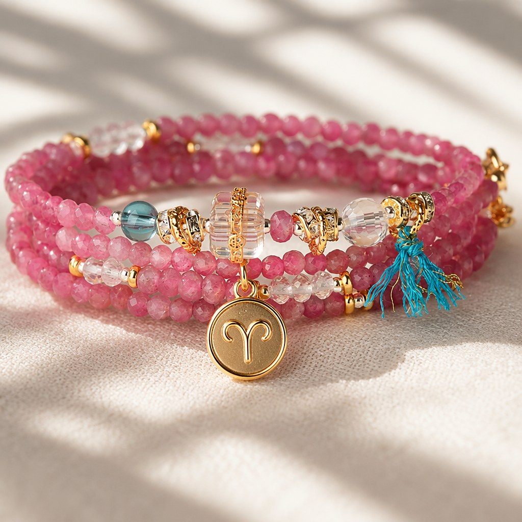 Aries zodiac triple-wrap bracelet with faceted pink tourmaline, clear quartz and aquamarine beads, gold-tone ram charm a