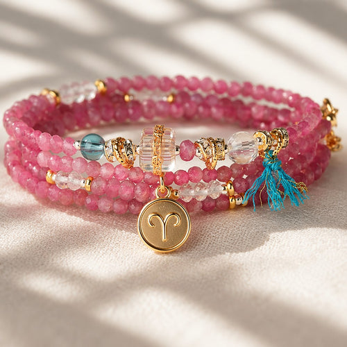 Aries zodiac triple-wrap bracelet with faceted pink tourmaline, clear quartz and aquamarine beads, gold-tone ram charm a