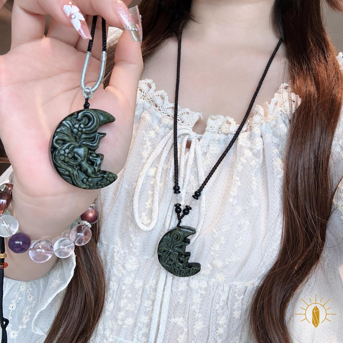 Obsidian crescent fox pendant necklace, front view