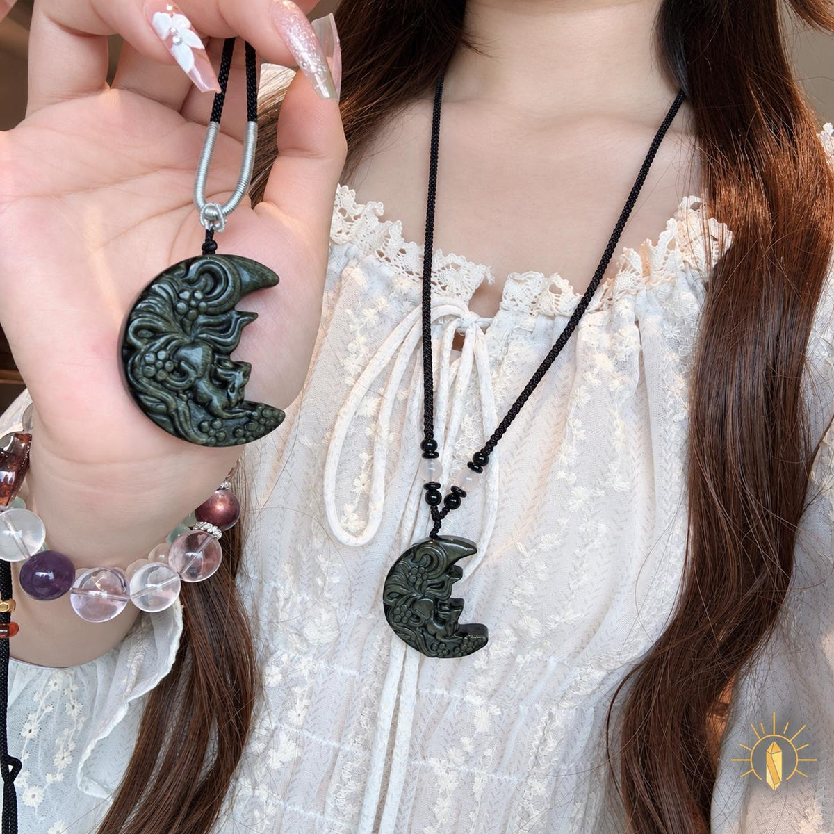Obsidian crescent fox pendant necklace, view 3