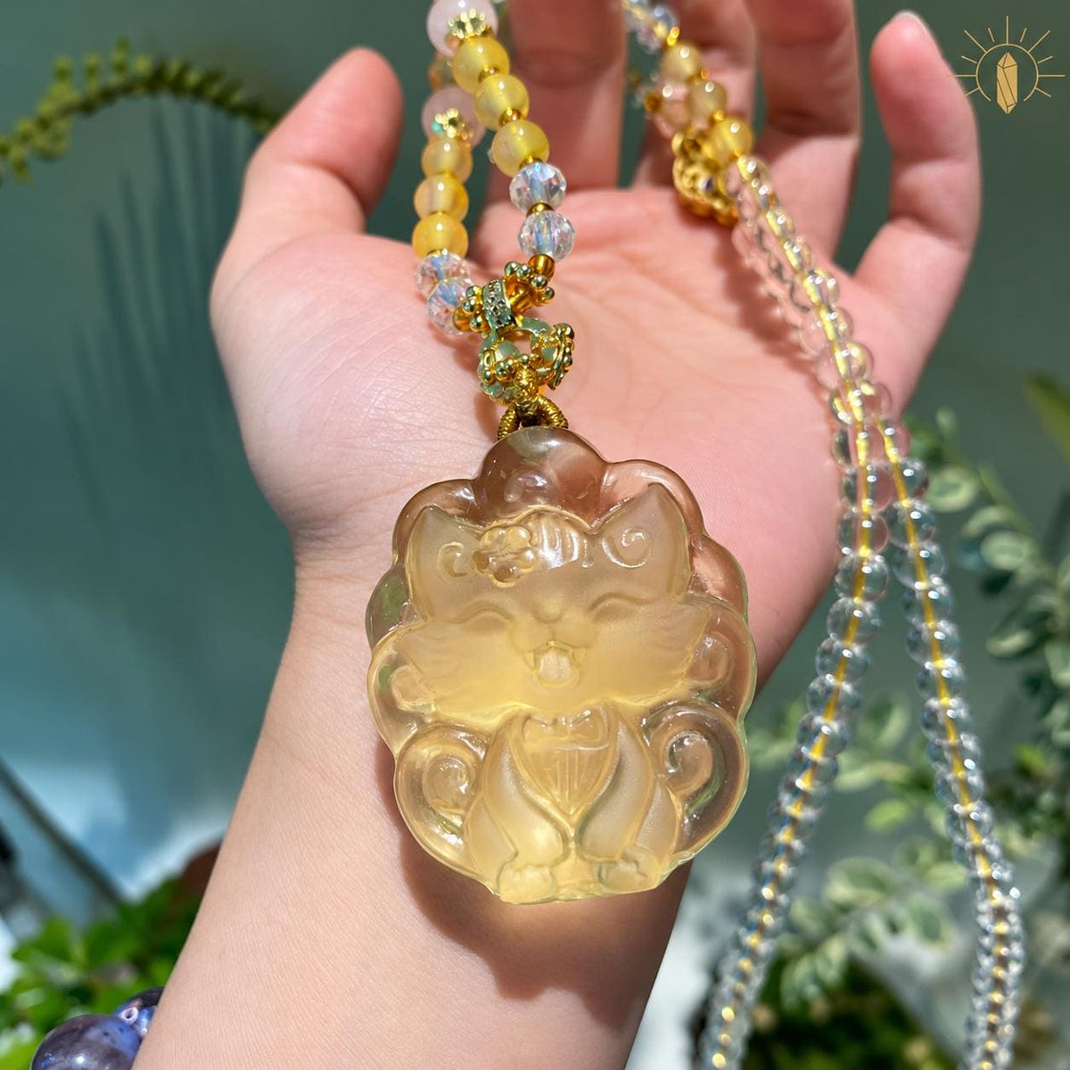 Yellow carved fox pendant necklace, view 2