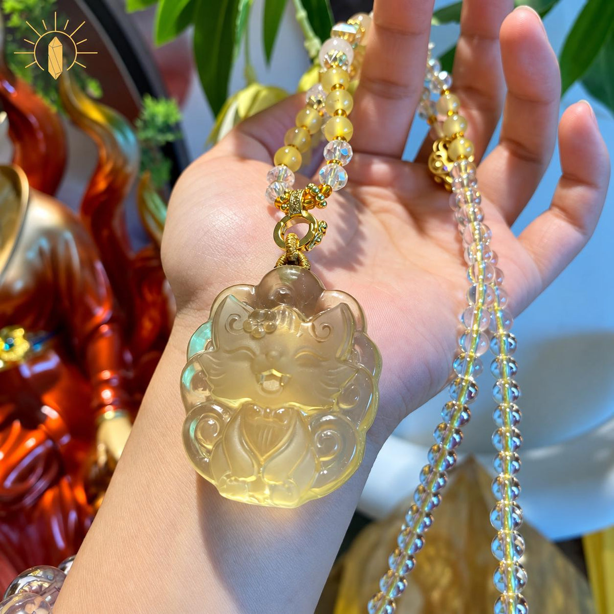 Yellow carved fox pendant necklace, view 4