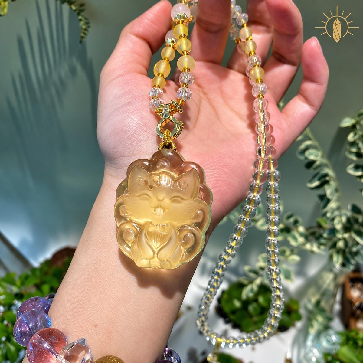 Yellow carved fox pendant necklace, view 5