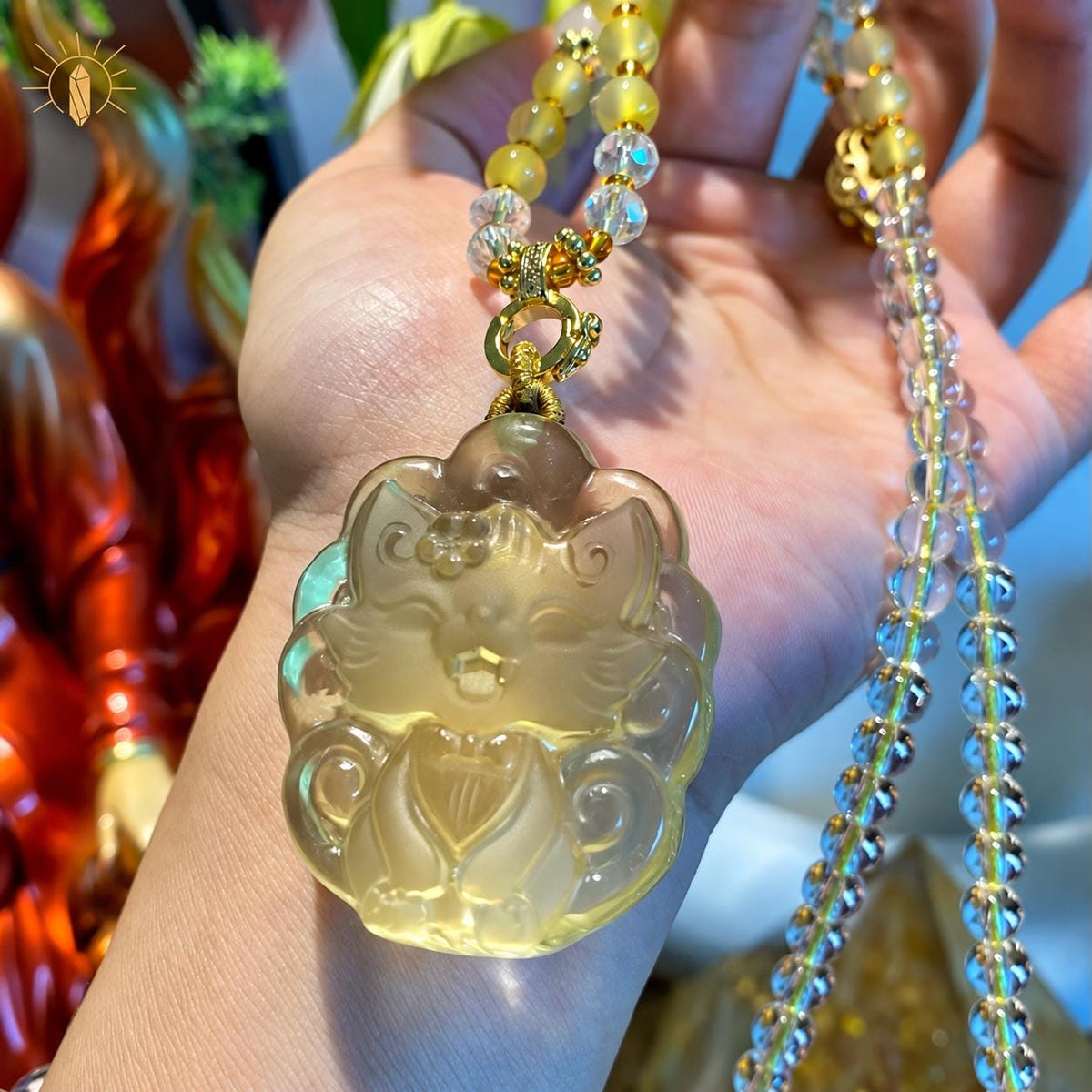 Yellow carved fox pendant necklace, view 7