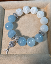 14mm White Phantom Quartz and Aquamarine Bracelet High-Clarity Bridal White Artisan Design — Luz & Sol product photograph