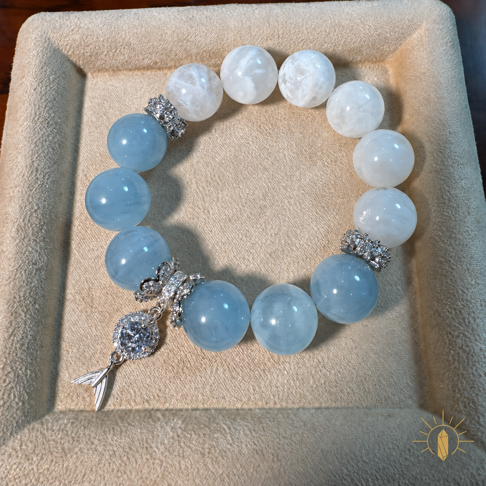 14mm White Phantom Quartz and Aquamarine Bracelet High-Clarity Bridal White Artisan Design