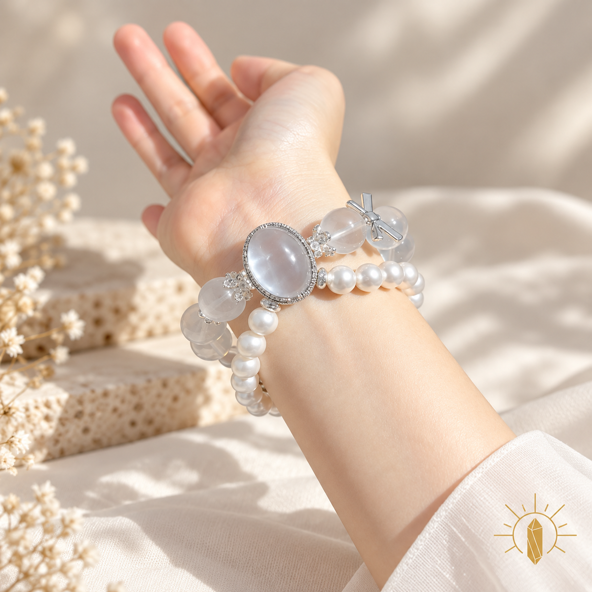 Clear Quartz Bracelet Pearl Accents Minimalist Artisan Design — Luz & Sol product photograph