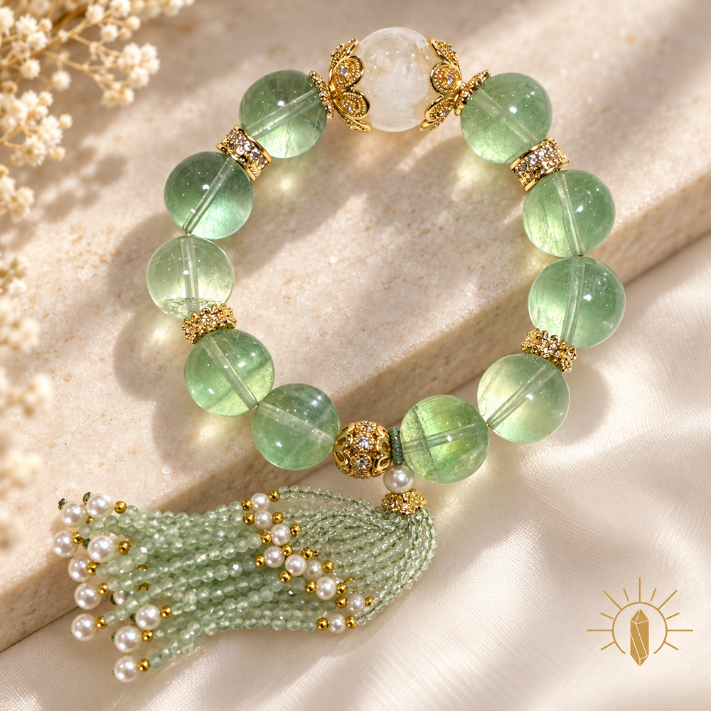 Snow Phantom Quartz and Green Fluorite Bracelet Ornate