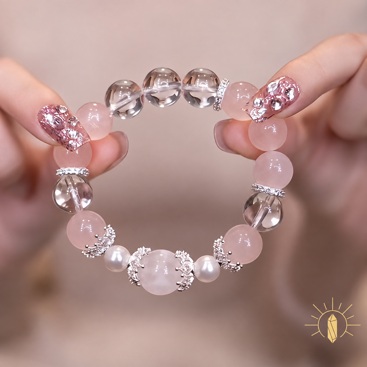White Phantom Quartz and Rose Quartz Bracelet Double-Strand — Luz & Sol product photograph