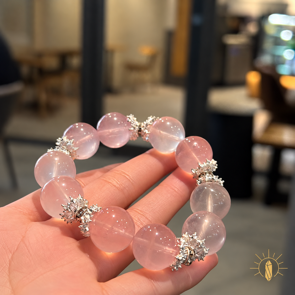 15mm Rose Quartz Bracelet High-Clarity — Luz & Sol product photograph