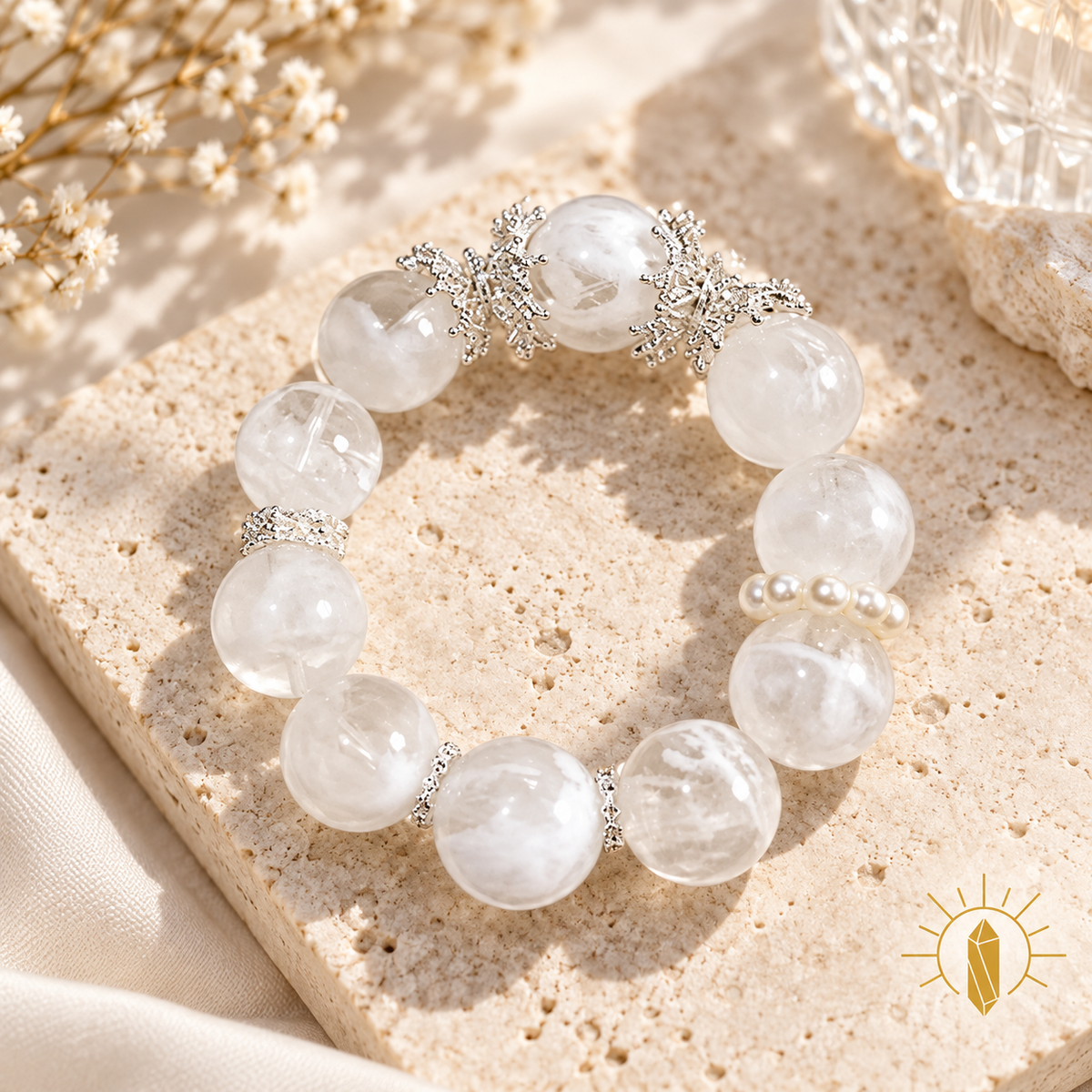 14mm Snow Phantom Quartz Bracelet Bridal White — Luz & Sol product photograph