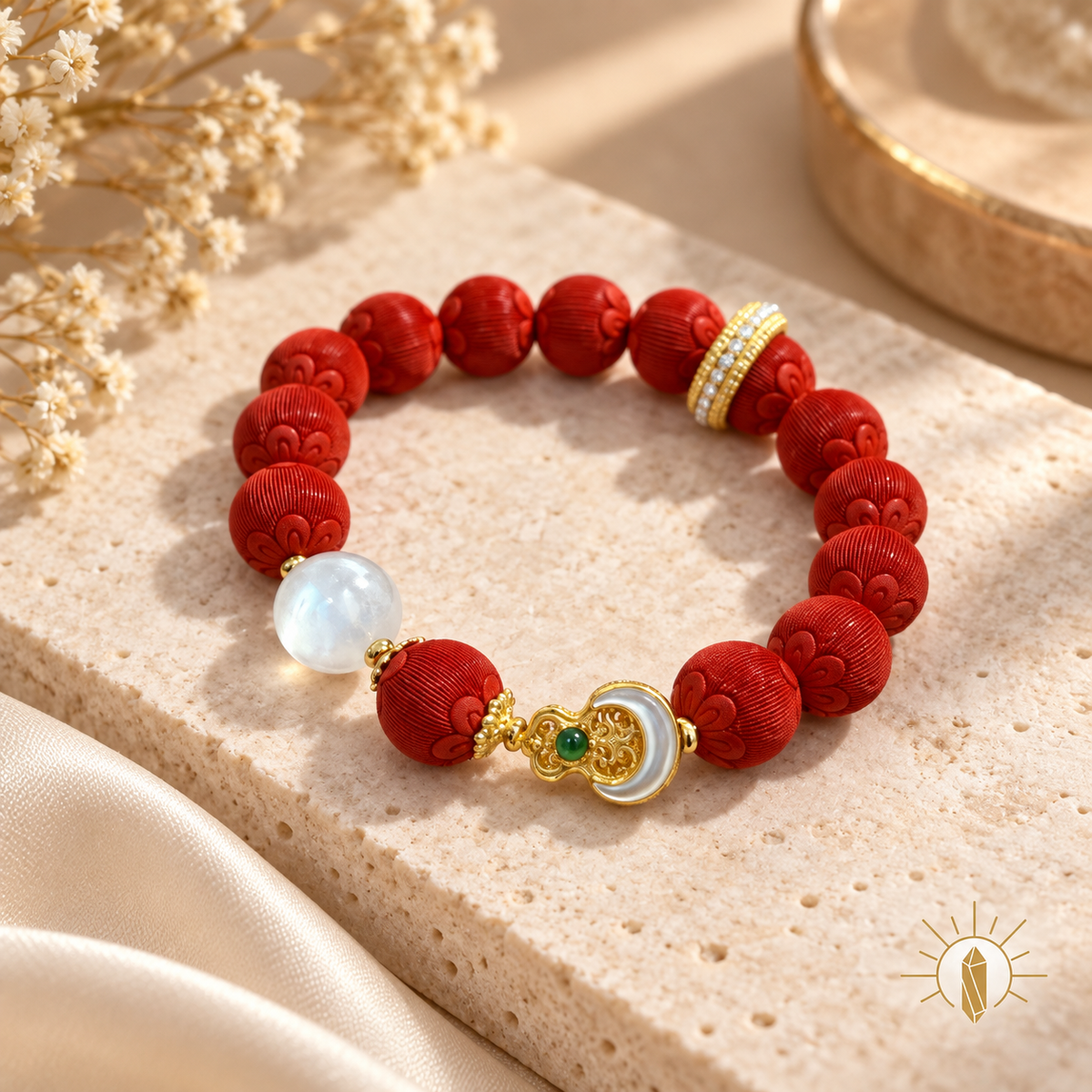 Cinnabar and Moonstone and Jadeite Bracelet Gourd Charm — Luz & Sol product photograph