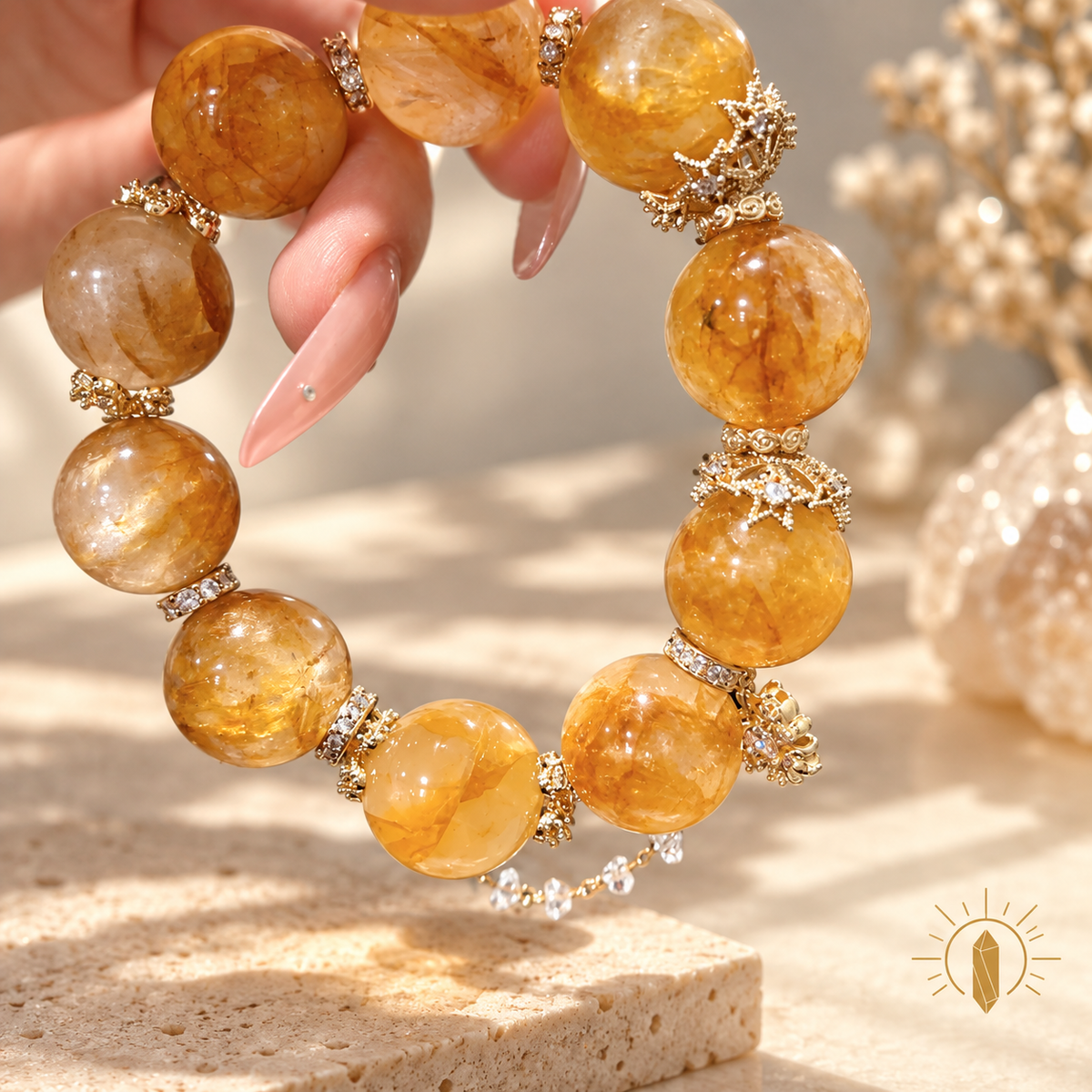 Golden Garden Quartz and Citrine Bracelet High-Clarity Large Bead — Luz & Sol product photograph