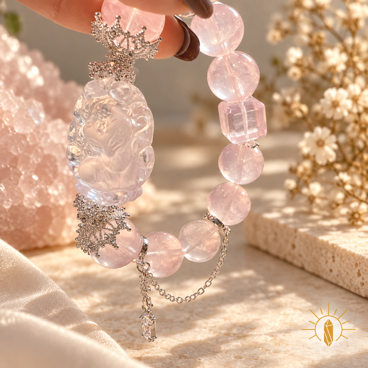 Rose Quartz Bracelet Nine-Tailed Fox Charm — Luz & Sol product photograph