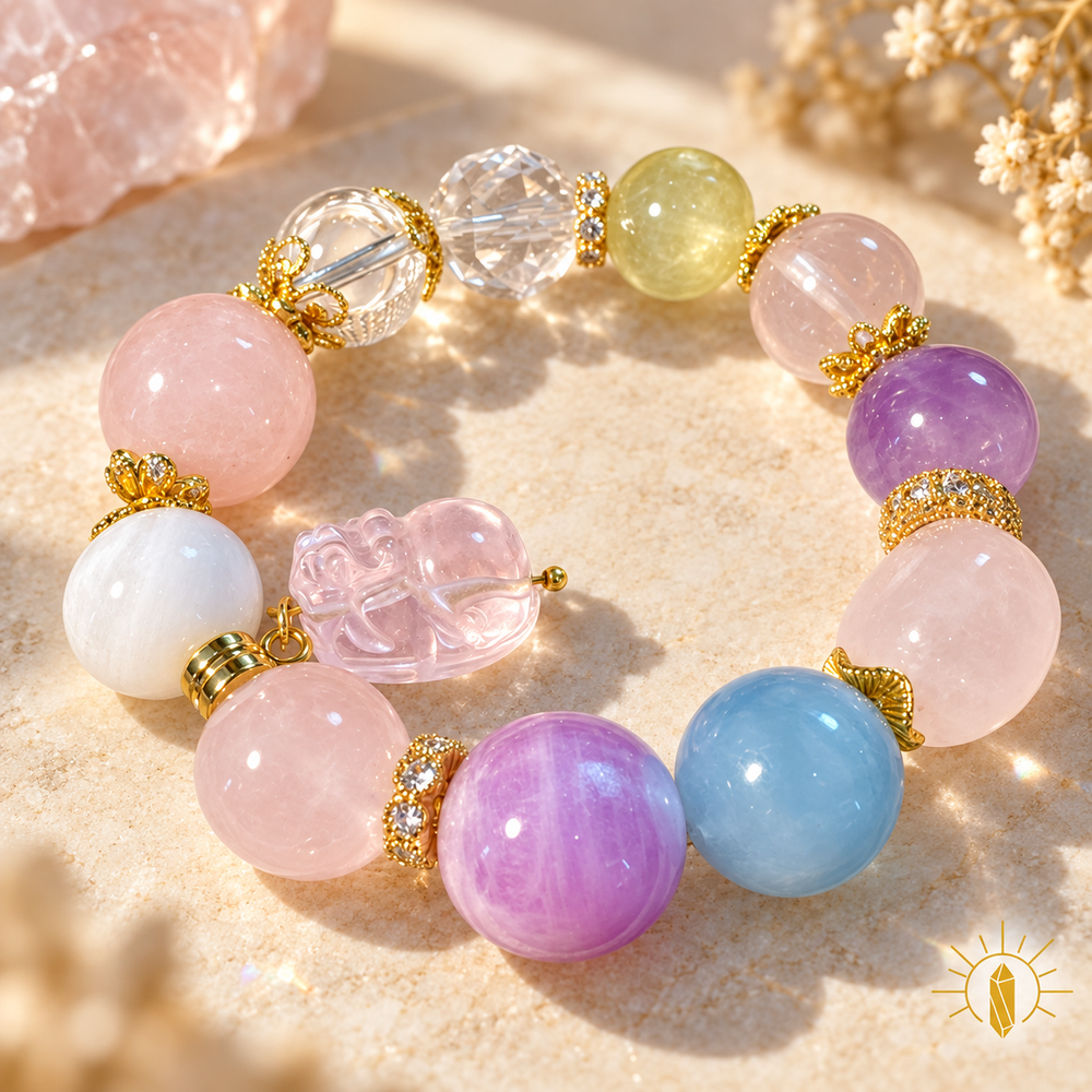 Rose Quartz and Multi-Gem Crystal Bracelet Pixiu Charm Large Bead