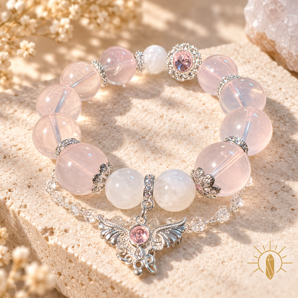 White Phantom Quartz and Rose Quartz Bracelet — Luz & Sol product photograph
