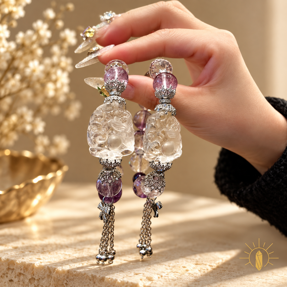 Purple Rutilated Quartz and Amethyst Bracelet Nine-Tailed Fox Charm High-Clarity — Luz & Sol product photograph