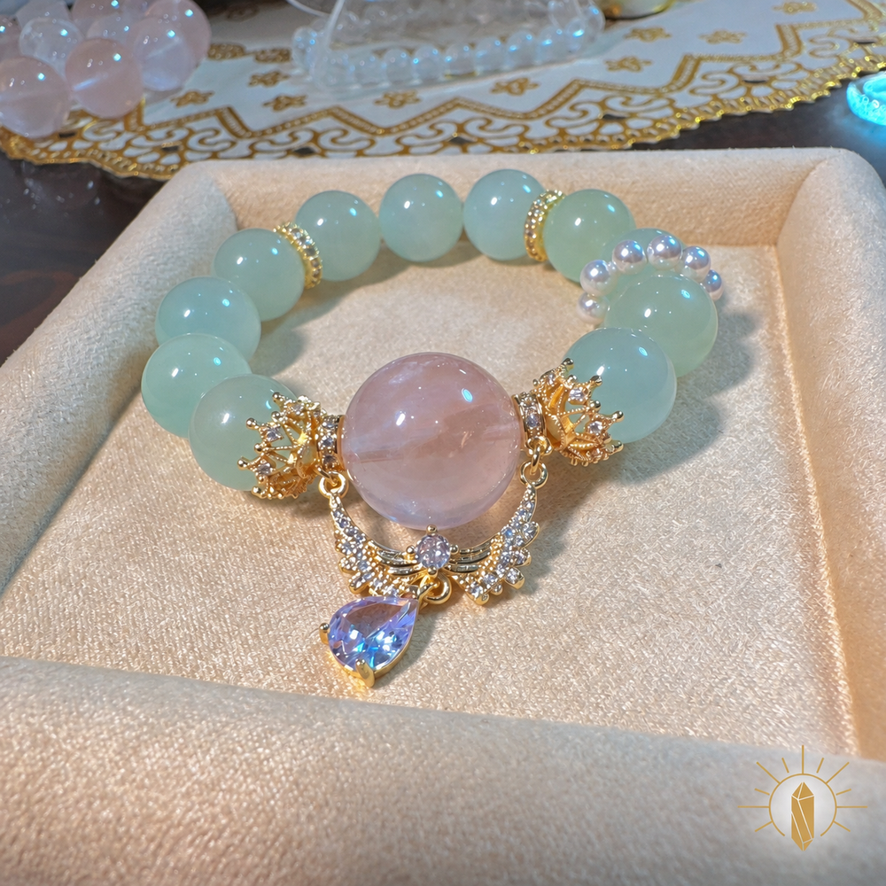 18mm Rose Quartz and Green Pattern Stone Bracelet Large Bead