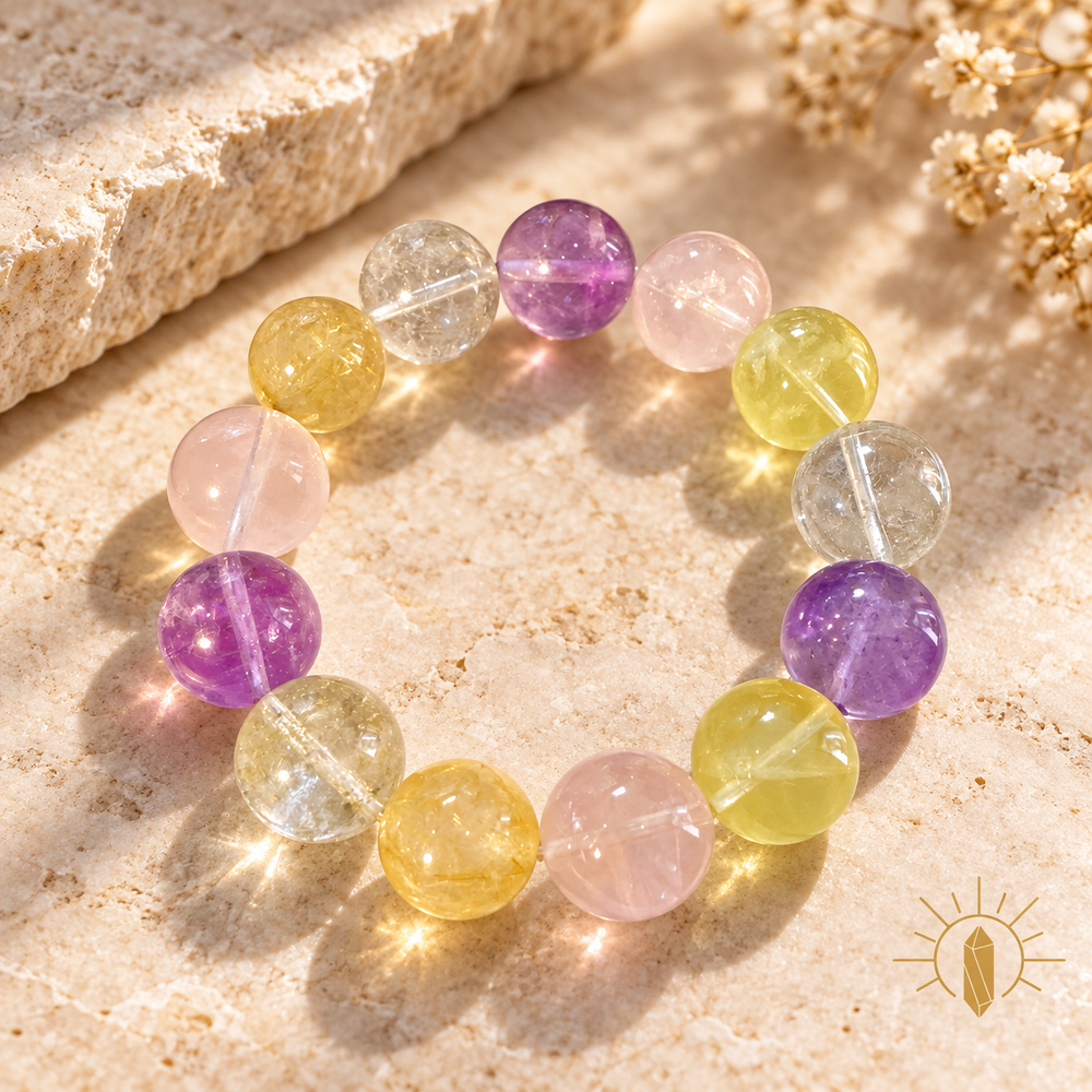 Golden Rutilated Quartz and Citrine and Amethyst Bracelet