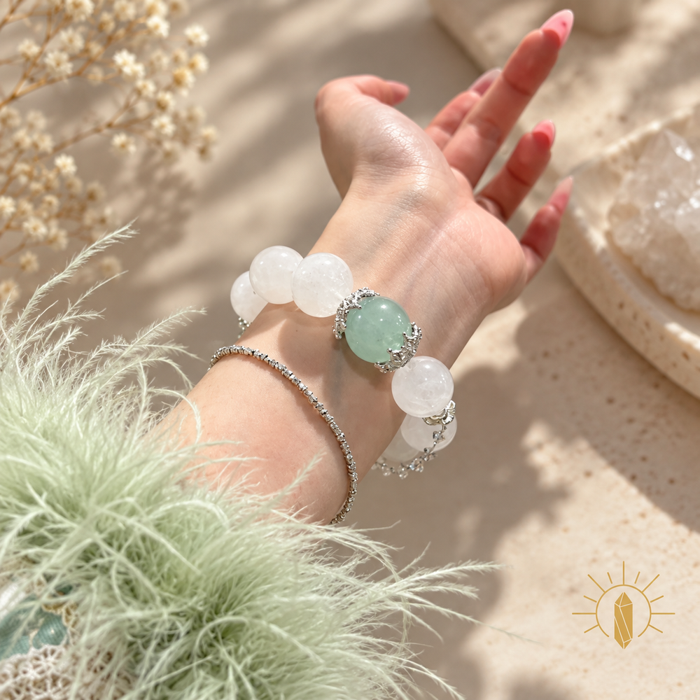 White Phantom Quartz and Green Fluorite Bracelet Large Bead