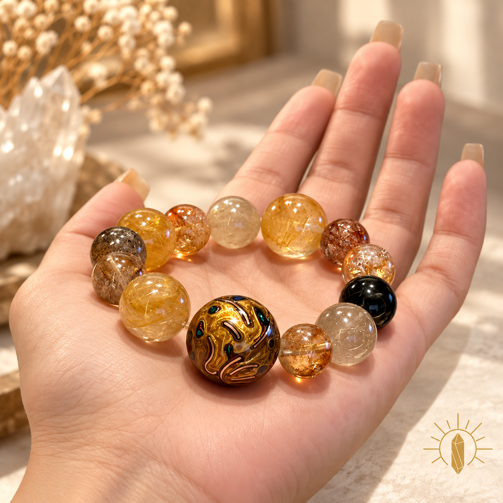 Golden Rutilated Quartz and Multi-Gem Crystal Bracelet Phoenix Charm