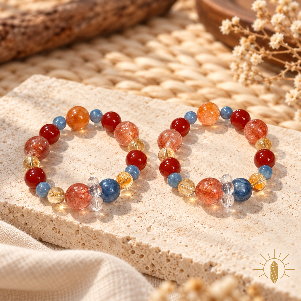 Red Garden Quartz and Golden Quartz and Kyanite Bracelet