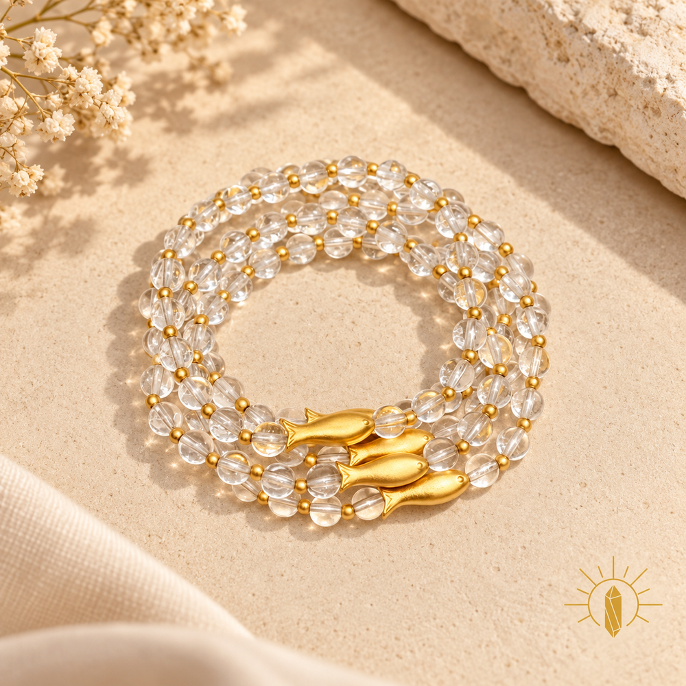 6mm Clear Quartz Bracelet Silver Fish Charm