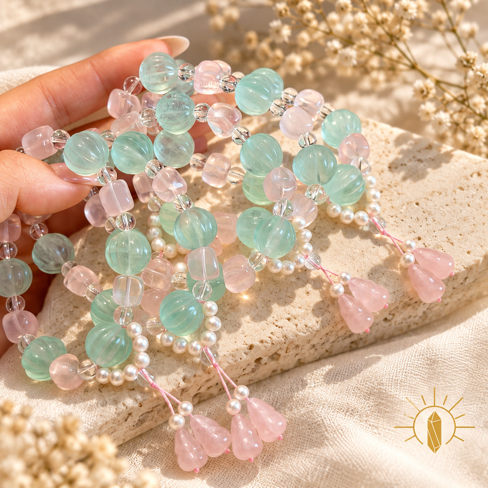 Rose Quartz and Green Fluorite Bracelet Pumpkin Beads