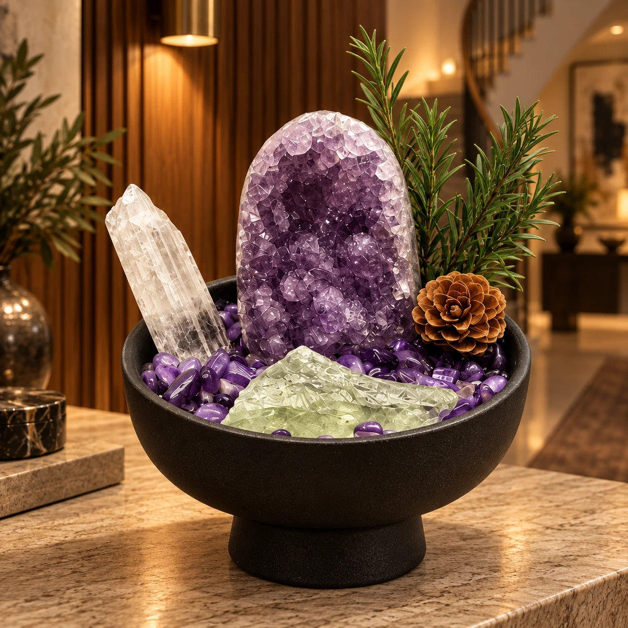 Natural crystal décor in a warm living space