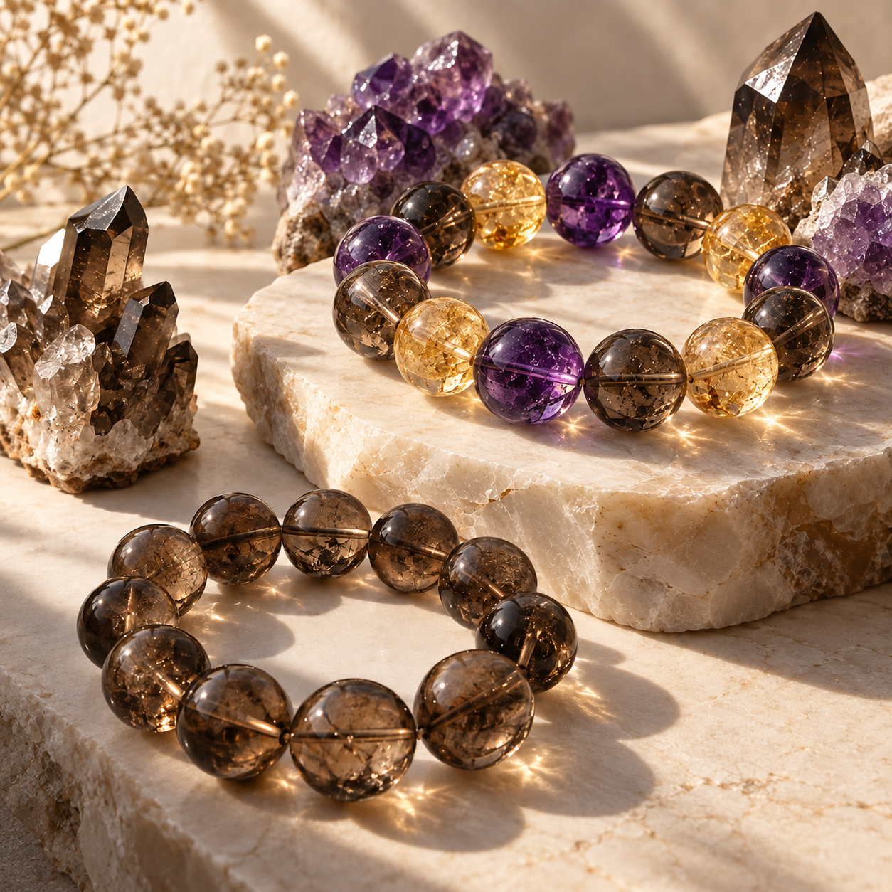 Natural crystal bracelets styled in warm sunlight